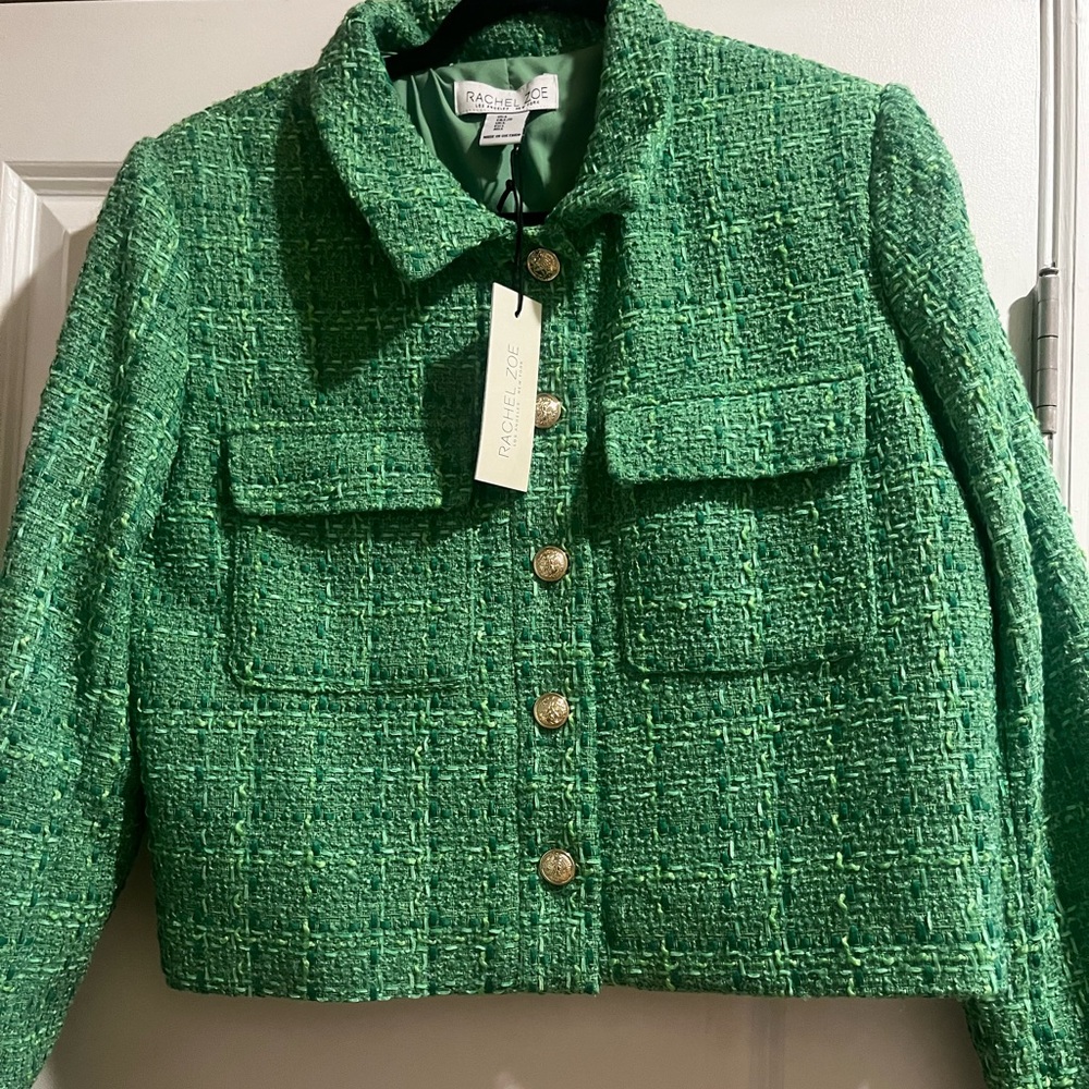 Rachel Zoe Green Blazer with Cropped Design, Gold Buttons and Classic Collar.